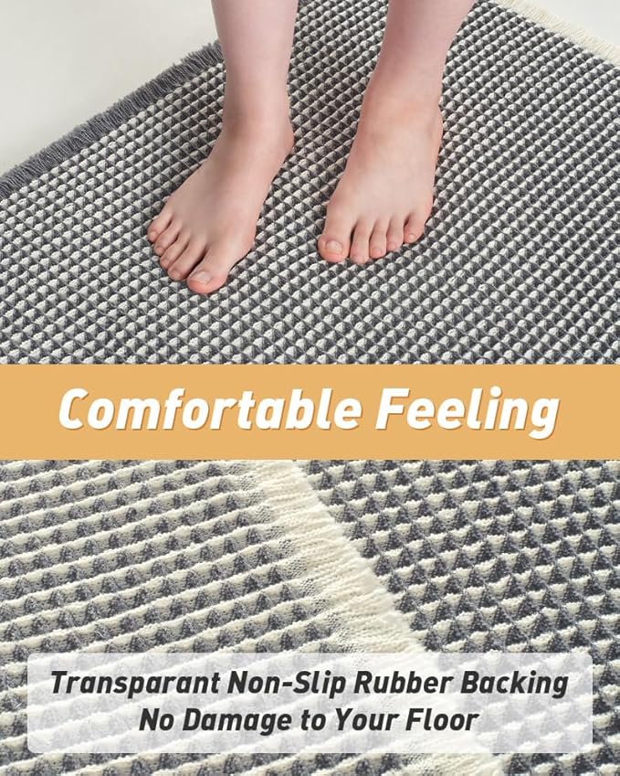 AMOAMI Upgraded Waffle Runner Rug Super Absorbent Non Slip Bath Mats for Bathroom Machine Washable Bathroom Runner Rug with Tassels, Ideal for Hallway Bedroom Laundry Room, 2' x 4', Darkgrey & Cream