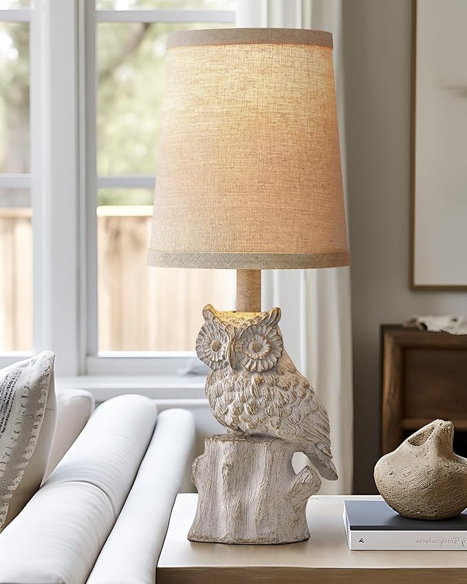 14.25" Small Table Lamps Set of 2 Owl Lamps for Home Decor Rustic Farmhouse Vintage Bedside Table Resin Retro Nightstand, White