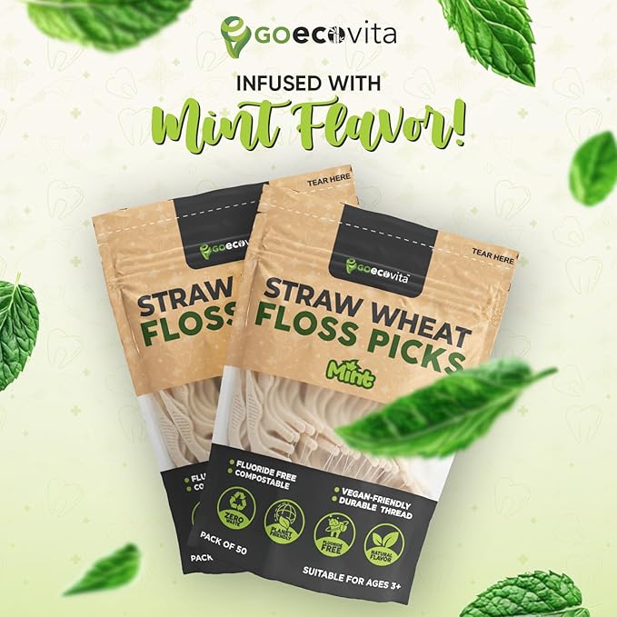 Dental Floss Picks - Straw Wheat Handle Flossers | Thin & Shred-Resistant Thread for Tight Gaps | Flossers for Adults | Gentle on Gums & Teeth | Vegan (200 Pack, Mint)
