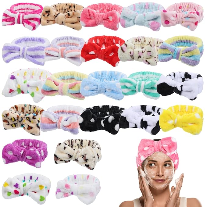 Prasacco 24 Pcs Spa Headband for Women, Soft Coral Fleece Headband for Washing Face Cute Skincare Headbands with Bow Elastic Polyester Makeup Headbands for Women Girls