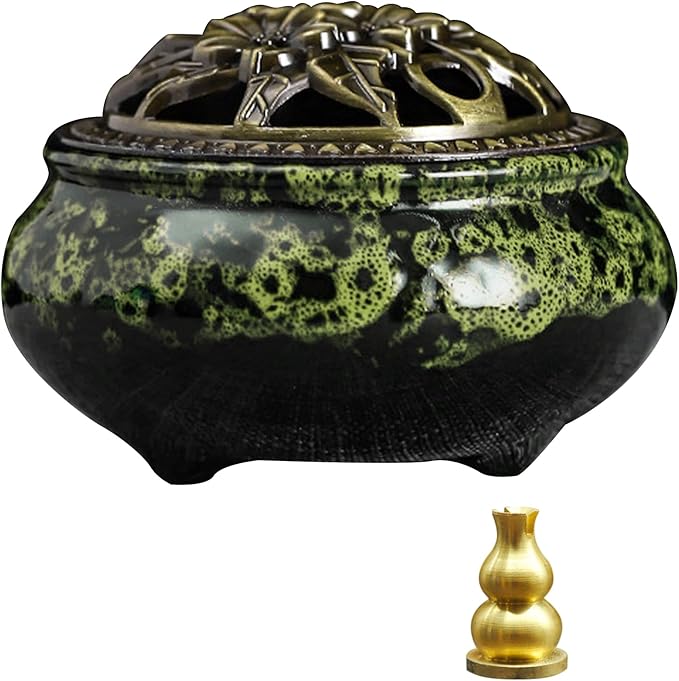 Ceramic Incense Burner with Lid, Bowl Burner， Cone Incense Burner, Ceramic Censer Suitable for Incense/Cone/Coil/Sticks, There are 30 Incense Cones+ Metal Incense Holder+Fireproof Cotton Inside.