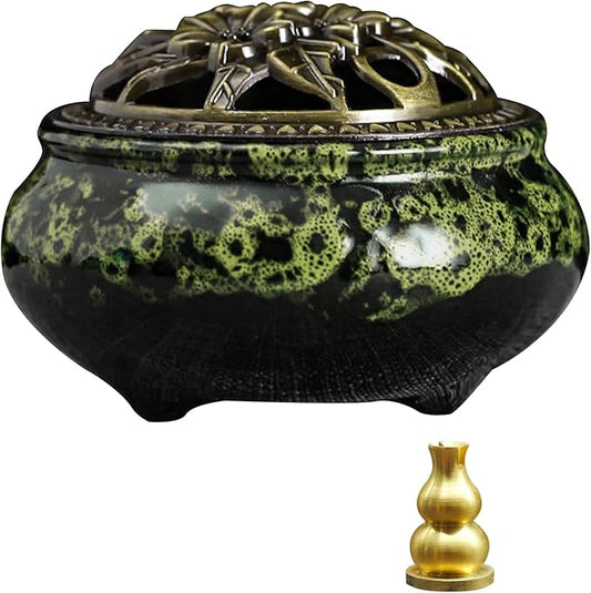 Ceramic Incense Burner with Lid, Bowl Burner， Cone Incense Burner, Ceramic Censer Suitable for Incense/Cone/Coil/Sticks, There are 30 Incense Cones+ Metal Incense Holder+Fireproof Cotton Inside.