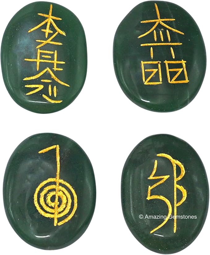 Amazing Gemstone Green Aventurine Crystal Reiki Stones with Engraved Symbols for Usui Reiki Healing, Set of 4 Pcs (Indian Handmade Reiki Gift Set)