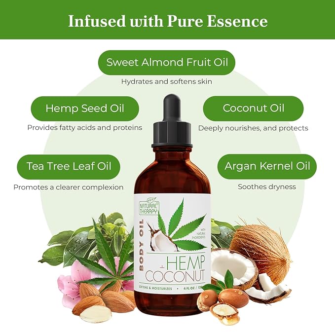 Natural Therapy Hemp & Coconut Body Oil – Moisturizing Body Oil – Hydrate & Soften Skin – Increase Skin Elasticity and Provide Anti-Aging Support (4 Fl.Oz)