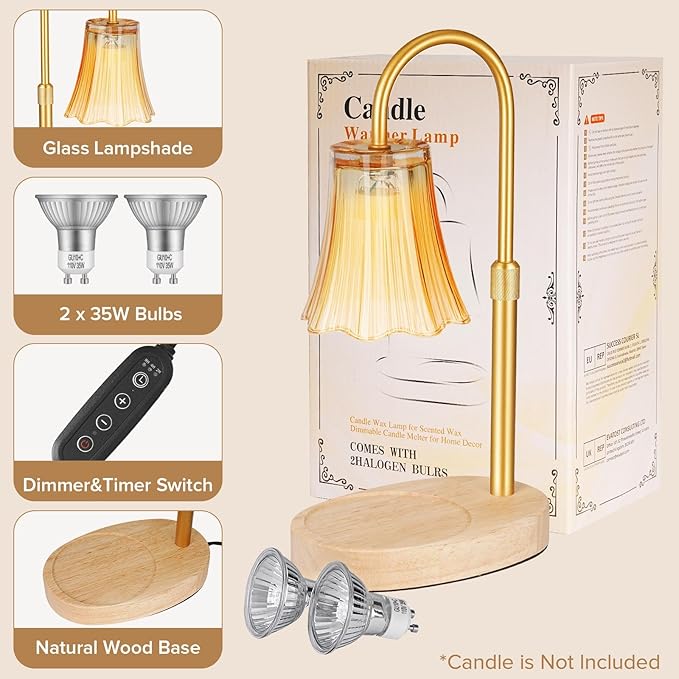 Candle Warmer Lamp with Timer, 4-Level Dimmable & Height Adjustable,Wax Melt Warmer for Jar Candles, Unique Design Enhances Home Ambiance (Amber)