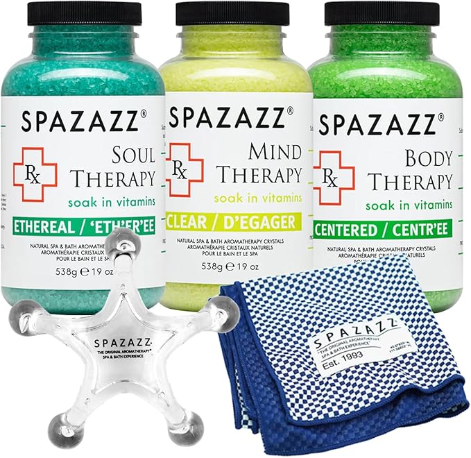 RX Therapy Spa and Hot Tub Aromatherapy Scented Relaxation Bath Salt Crystals - Mind Body and Soul Bundle Gift Set (19 Oz) Includes 5 Point Full Body Massage Tool & Hot Cold Towel (19OZ 3 Pack)