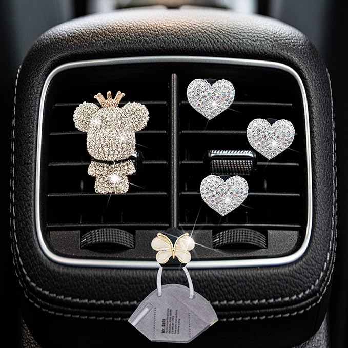 Heart & Bear 4 Pcs Bling Heart Air Vent Clips, Diamond Car Diffuser, Car Interior Decor + Cute Butterfly Mask Hook