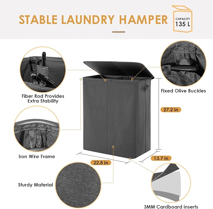 Double Laundry Hamper with Lid, 135L Dirty Clothes Hamper with Removable Bags & Labels, Laundry Basket 2 Section for Separating, Large Laundry Basket for Laundry Room, Bedroom, Dark Grey