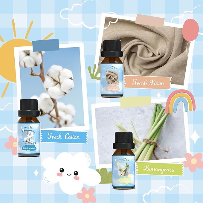 Clean Essential Oils Set, SNOWSEN Fragrance Oil for Diffuser, Wool Dryer Balls, Candle, Soap Making, Fresh Cotton, Fresh Linen, Lemongrass, Soft Powder, Lavender Laundry, Blossom Soap Scented Oil