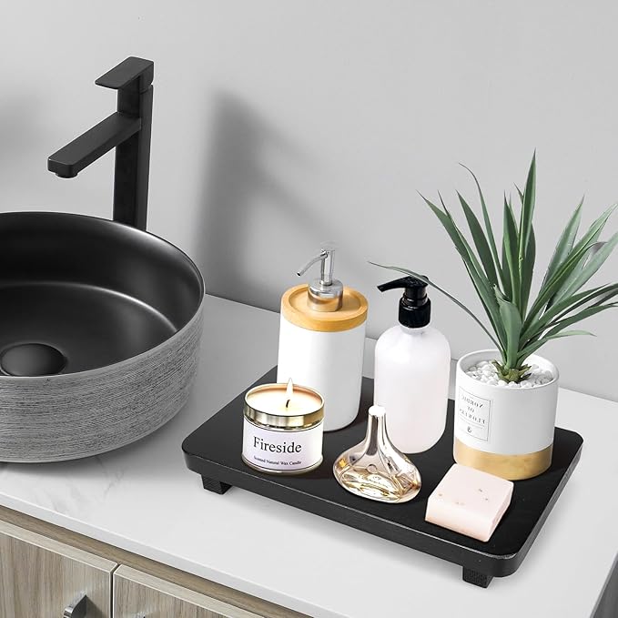 Black Bathroom Counter Organizer Tray Wood Riser Kitchen Countertop Trays Dish Soap Dispenser Holder for Bathroom Decor Wooden Pedestal Display Stands Kitchen Sink Accessories Vanity Tray