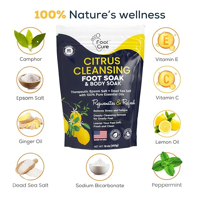 FOOT CURE Citrus Detox Foot Soak With Epsom Salts for Foot Callus, Immune Boost, Damaged Toenail, Athletes Foot, Pedicure and Soothes Tired Aching Feet - 16 oz (Pack of 2)
