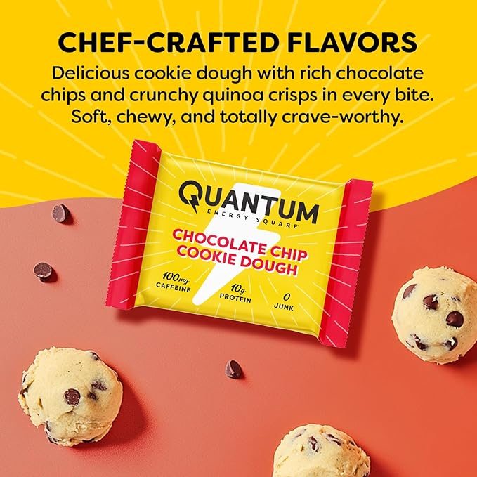 Quantum Energy Square: Energy Bar with Caffeine & 10g Protein. Delicious Healthy Snack On The Go. (Vegan, Gluten-free, Soy-free, Dairy-free) (Chocolate Chip Cookie Dough)
