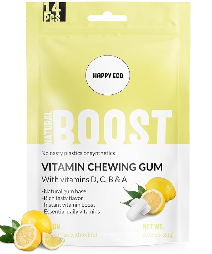 Xylitol Gum Vitamin | Healthy, Sugar Free, Plastic Free, Natural Chewing Gum, Multivitamin A,B6,C & D | Aspartame Free, Boost, Vegan, Gluten Free, Keto | Lemon, 4 pack (56pcs)