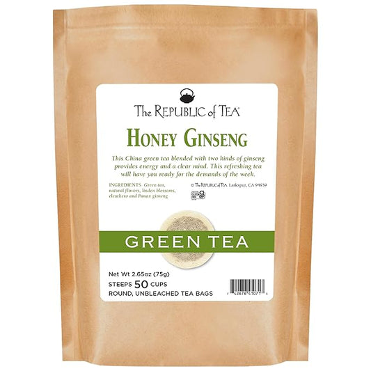The Republic of Tea Honey Ginseng Green Tea, 50 Tea Bags, Relaxing Chinese Green Tea Gourmet Blend