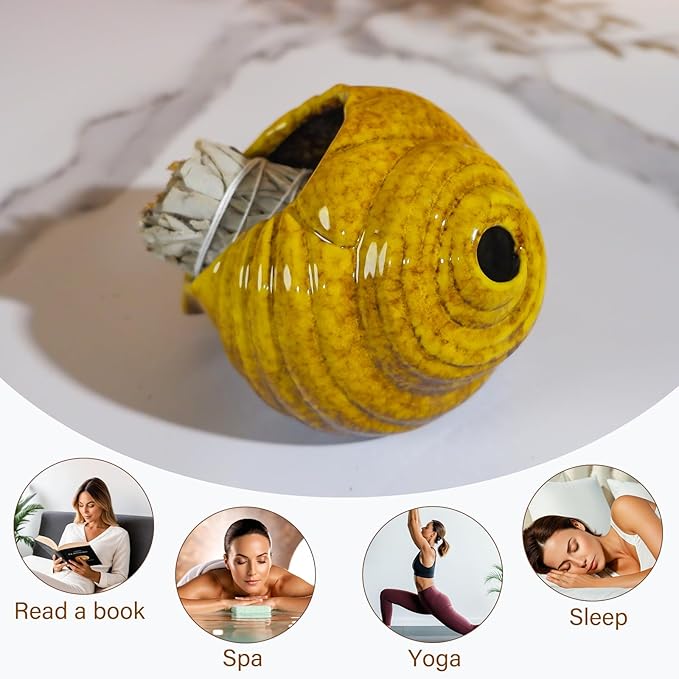Yellow Ceramic Conch Palo Santo Holder - Mini Chimney Incense Burner, Tabletop Smudge Bowl Compatible with Sage/Sticks/Cones/Copal,for Yoga、Zen Meditation、Witchcraft, Ideal Altar Decor Gift