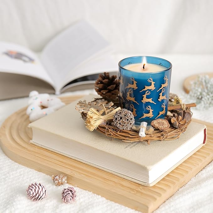 ROMIIE ZOI Christmas Scented Candle - 6oz Soy Wax Candle, Christmas Reindeer, Infused with Peppermint Aroma - Scottish Plaid Navy and Red Gift Box for Holiday Season Gift