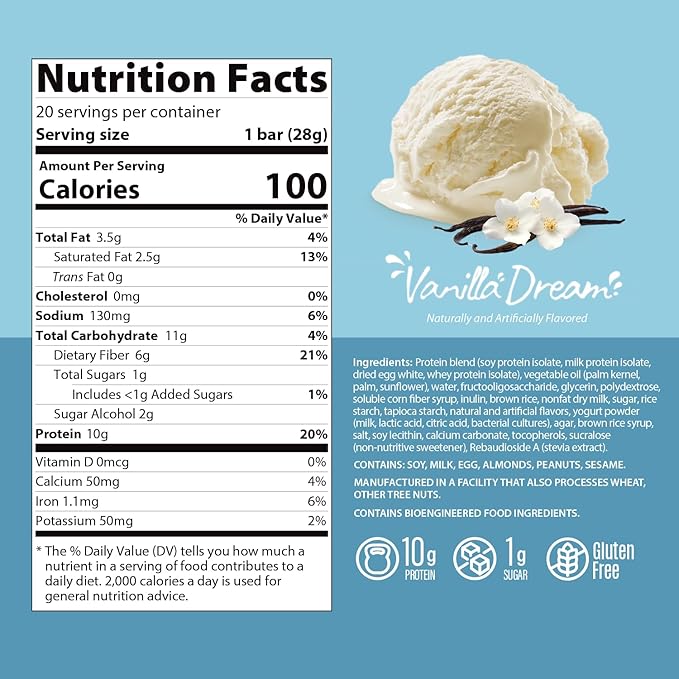 Genius Gourmet Crispy Protein Treat, Vanilla Dream, Keto Snack, Low Carb, Low Sugar & Gluten Free, Protein Snacks for Adults, 10G of Whey Protein per Protein Bar, 5 Net Carbs, On The Go Snack, 10 CT