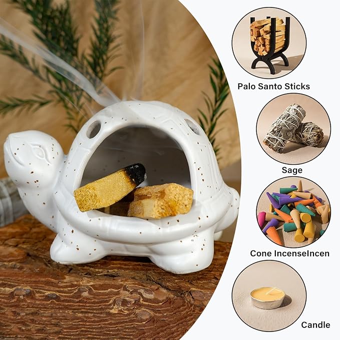 Handcrafted White Ceramic Turtle Palo Santo Holder, Sage, Cone Incense and Copal Burner Holder | Ideal for Meditation, Yoga, Aromatherapy & Altar Spaces | Zen-Inspired Home Decor Gift