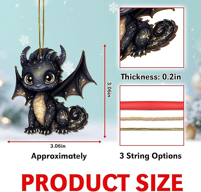 Black Dragon Christmas Tree Keepsake Ornaments, Funny Dragons Themed 2 Side Printed Flat Wooden Ornament, Xmas Hanging Decor