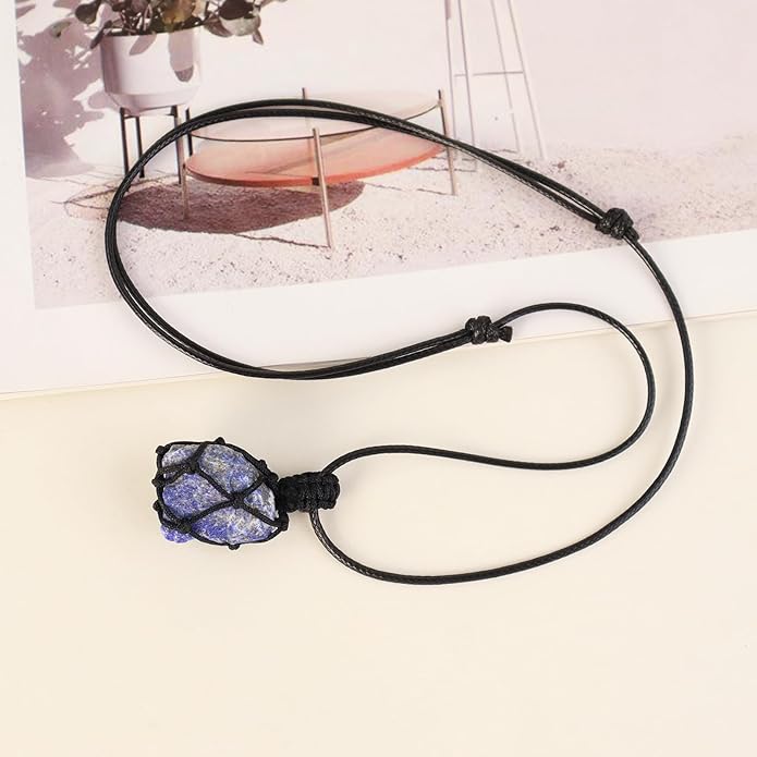 Handmade Natural Gemstone Crystal Pendant Necklace Stone Holder Necklace Cord Net Necklace with Adjustable Length for Women Men