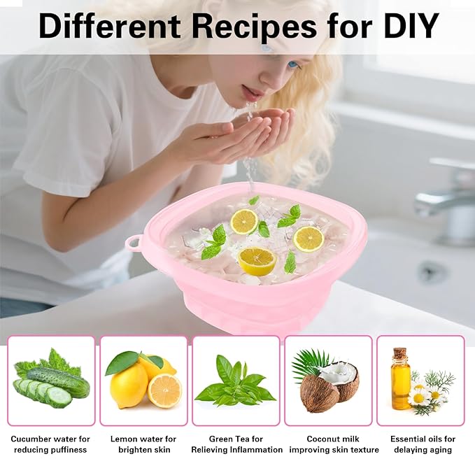 Face Bowl for Ice with Built-in IceTray,Collapsible Silicone Face Ice Bowl – Cold Plunge Therapy for Skin Tightening & Facial Treatment– Portable Spa Tool for Home & Travel（Pink) ﻿