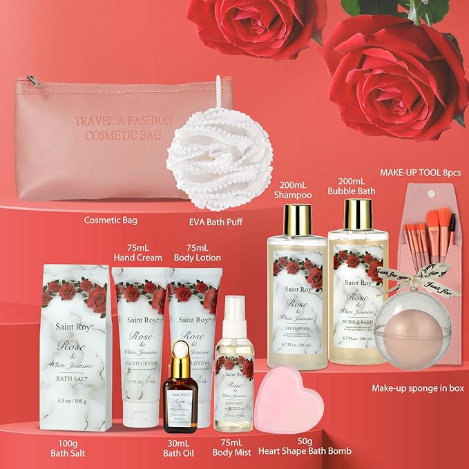 Bath & Body Gift Set, Luxury Christmas Gifts for Women, Home Spa Bath Gift Basket, Rose Jasmine bath basket, Pamper Gifts for Women Teens, 15 Pcs Relaxing Home Bath Spa Kit beauty sets, Mother's Gifts