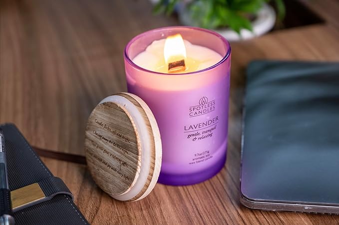Lavender Candle - 9.7 oz /275g Lavender Scented Candle in Purple Glass Jar with Wooden Lid and Wooden Crackling Wick in a Luxurious Gift Box - Gentle, Tranquil and Relaxing