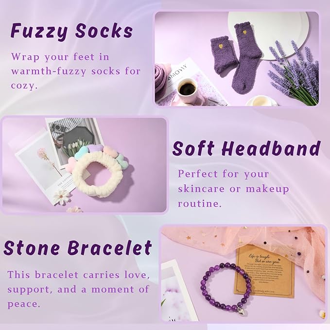Get Well Baskets for Women, 9pc Happy Birthday Gifts, Lavender Sympathy Care Package Get Well Soon Relaxation Spa Gift Set for Her Mom Wife Girlfriend Bestie Mother Christmas