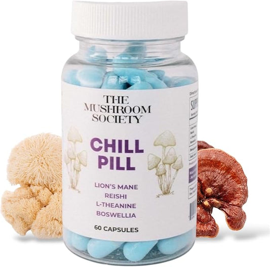 Chill Pill Supplement - Lion’s Mane, Reishi, L-Theanine, Boswellia & Beta-Glucans - Relax, Recover & Recharge - 60 Vegan Capsules