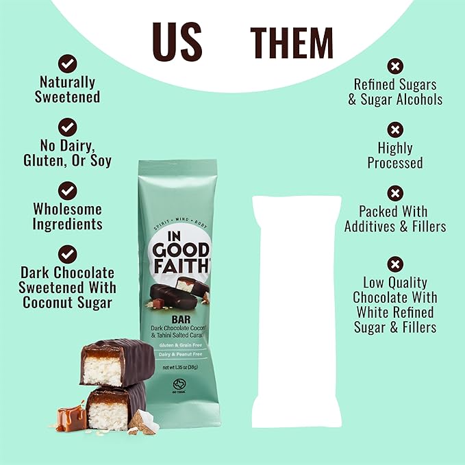 In Good Faith Dark Chocolate Coconut & Salted Caramel Bars, Healthy, Gluten Free, Vegan, Dairy Free Chocolate Bars (12 pack)