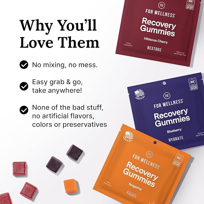 For Wellness Recovery Gummies Variety Pack | Restore, Hydrate & Focus | Gummy Supplements for Post-Workout Recovery, Hydration, Vision & Focus | Vegan, Non-GMO | 3 Pack
