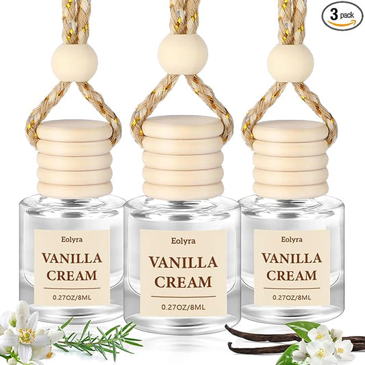 Hanging Car Air Freshener (Pack of 3) : Luxury Car Perfume for Women Men | Cute & Reusable Bottle with 45+ Days Long-Lasting Fragrance Oil Diffuser, Vanilla Cream
