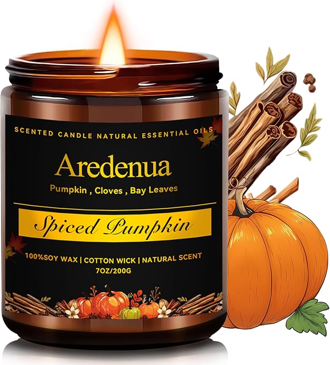 Fall Candles - Spiced Pumpkin Scented Candle, Autumn Scented Candles for Home - Natural Soy Autumn Candle - 7 oz Aromatherapy Candle, Fall Gifts for Women Men