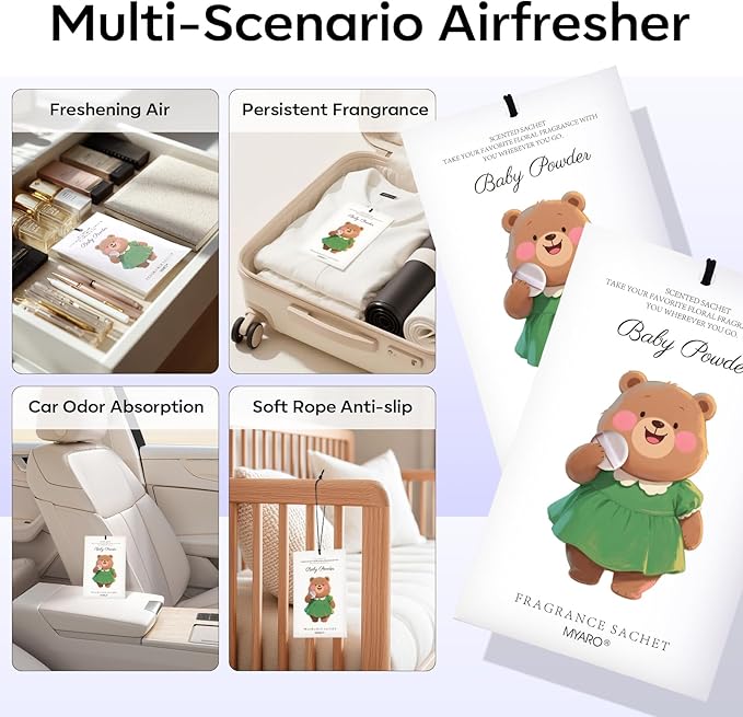 12 Packs Baby Powder Scent Sachets Room Air Freshener for Closet Drawer Clothes Storage Small Space Odor Eliminator