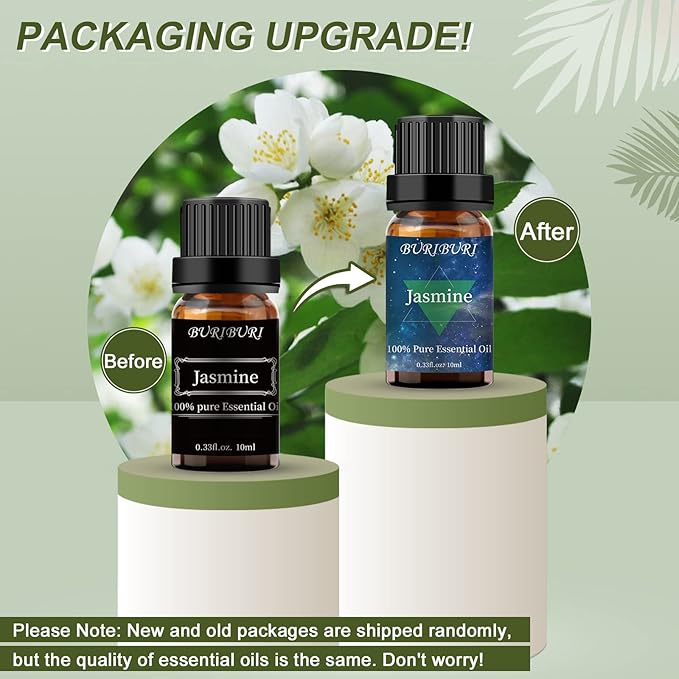 BURIBURI Jasmine Oil and Gardenia Essential Oils Gift Set, 100% Pure, Undiluted, Natural, Organic Aromatherapy Jasmine Essential Oils for Diffuser, Massage, 10MLx2