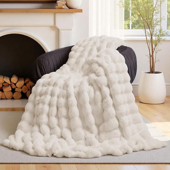 Lotus Karen Faux Fur Blanket - Cream White Twin Size, Big Bubble Rabbit Fluff, 60x80 Inches