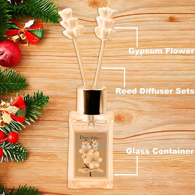 Reed Diffuser Set, Pretty Valley Home Mini Gypsum Flower Fragrance Diffuser Lavender 1.01 fl oz (30 ml), Home Fragrance Reed Diffuser for Bathroom Office Living Room Dining Table Decor (SILK BLOMSSON)