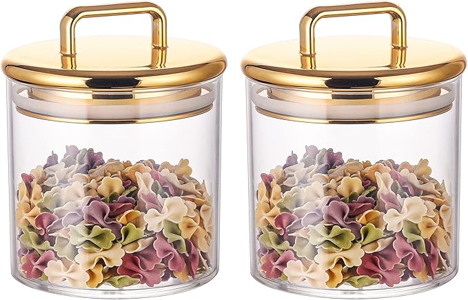 2 Pack 16 oz Small Acrylic Storage Apothecary Jar with Gold Airtight Lid | Bathroom Vanity Organizer Containers | Ideal Decorative Canisters for Shells, Bath Salt, Cotton Swabs, Cotton Ball