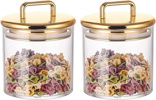 2 Pack 16 oz Small Acrylic Storage Apothecary Jar with Gold Airtight Lid | Bathroom Vanity Organizer Containers | Ideal Decorative Canisters for Shells, Bath Salt, Cotton Swabs, Cotton Ball