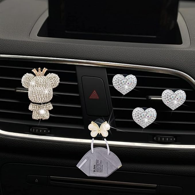 Heart & Bear 4 Pcs Bling Heart Air Vent Clips, Diamond Car Diffuser, Car Interior Decor + Cute Butterfly Mask Hook