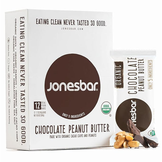 JONESBAR (Chocolate Peanut Butter, 12 Count (Pack of 1)), USDA Organic Fruit & Nut Bar, Non-GMO, Kosher, Vegan, Gluten Free, Simple Snack Bar