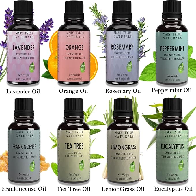 Essential Oils Set, Top 8 x 10 ml Each, Lavender Peppermint Orange Lemongrass Rosemary Eucalyptus Tea Tree Frankincense Therapeutic Grade, for Aromatherapy, Diffuser, DIY by Mary Tylor Naturals