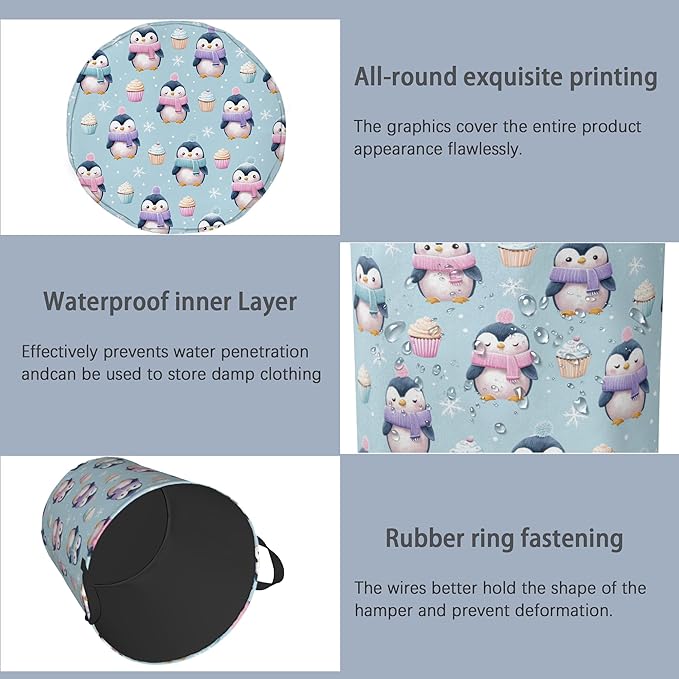 Cute Penguin Laundry Basket,Snowflake Cake Foldable Oxford Cloth Tote Bag Laundry Hamper Clothes Storage Bucket Organizer for Bedroom Laundry Storage Dormitories 16" x 20.8"