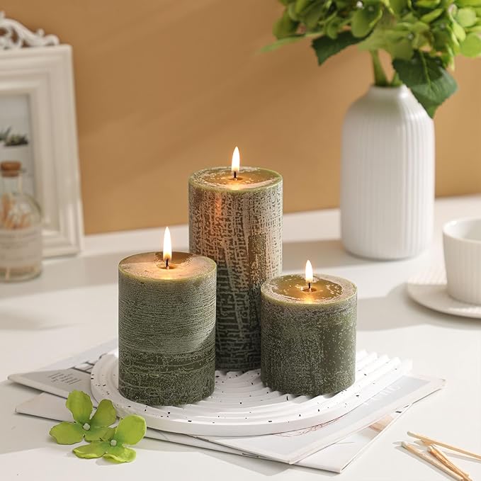3x4 Inch Moss Green Pillar Candles Set of 3 - Unscented Spring Candles, Long Clean Burning, Large Big Candles, Smokeless Dripless Candles for Spring Home Decor, Dinner Table, Bathroom, Rustic Decor