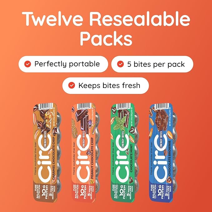 CirC Energy Bites - Chocolate Lovers Variety 12 Pack Gluten Free Protein Balls - 10g Protein, Whole Grains, Nuts & Fruit - Portable Healthy Snacks for Adults & Kids, 5 Piece Resealable Packs