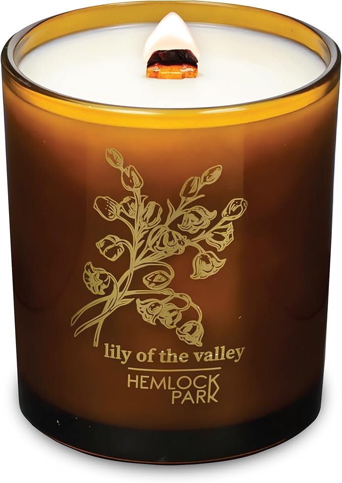 Hemlock Park Wood Wick Candle Handcrafted with Natural Coconut Wax and Essential Oils (Amber & Gold 14 oz, Lily of The Valley)