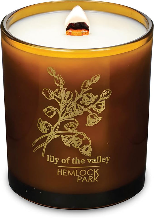 Hemlock Park Wood Wick Candle Handcrafted with Natural Coconut Wax and Essential Oils (Amber & Gold 14 oz, Lily of The Valley)