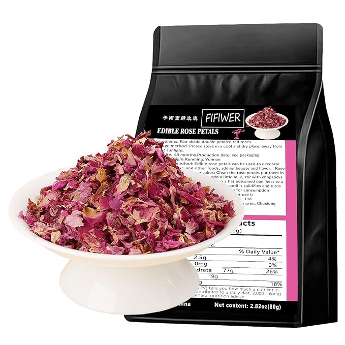 Dried Rose Petals 2.82oz/80g，Edible Rose Petals ，Excellent for cappuccino and cakes. Salad, dessert, tea，Baking，nougat
