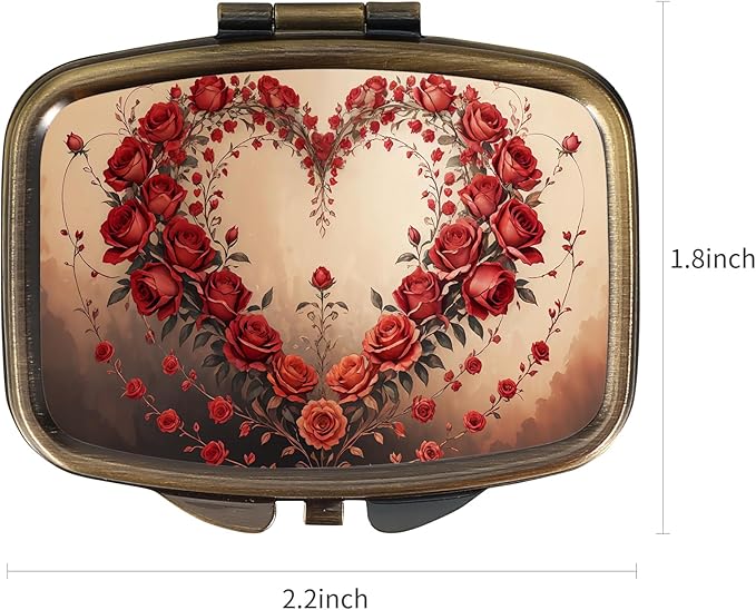 Dynippy Pill Case Pill Box with Mirror Retro Pocket 2 Compartment Medicine Case Vitamin Pill Organizer for Pocket Purse and Travel (Retro-Rose Heart Wreath)