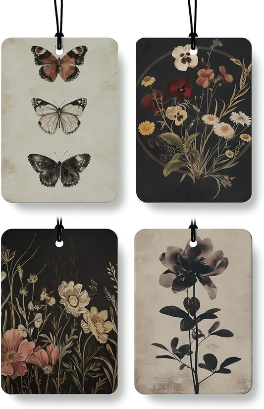 Vintage Floral Butterfly Car Air Freshener 4 Pcs, Dark Cottagecore Botanical Plant Hanging Air Freshener for Cars Closet Drawer Books, Gothic Flower Car Accessories Mirror Decor for Women